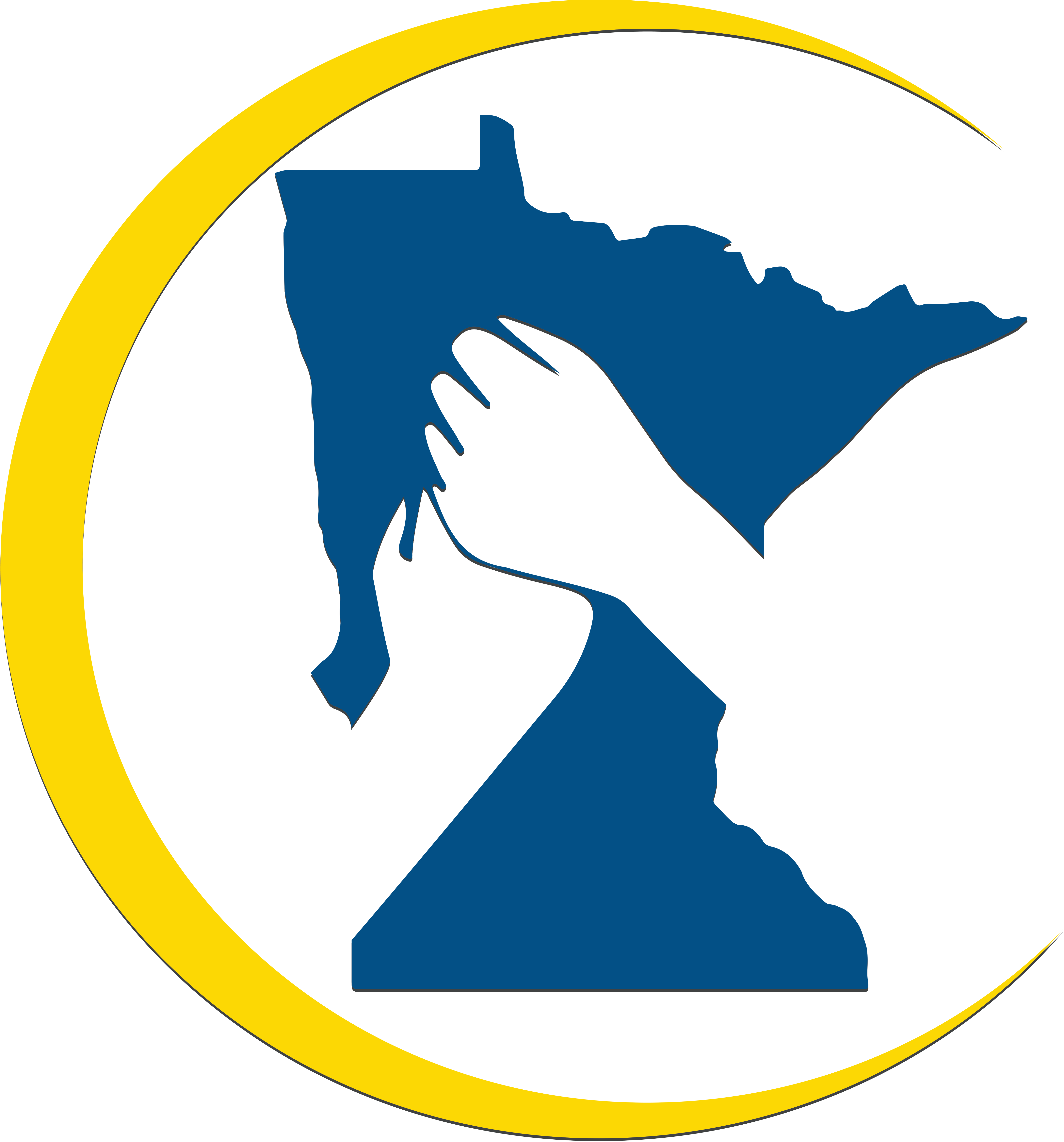 A logo featuring a dark blue silhouette of the state of Minnesota with two black hands reaching towards each other in an embrace. A yellow crescent partially surrounds the shape, curving from the bottom left to the top right.