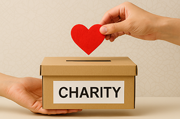 Hands placing a red heart into a donation box labeled “Charity,” with subtle Islamic geometric patterns in the background, symbolizing faith-driven and intentional giving.