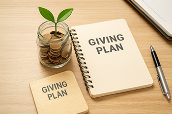 small plant growing from a jar of coins next to a financial giving plan, symbolizing sustainable charitable giving.