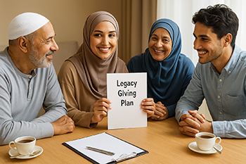 Muslim family planning charitable giving with documents and tea on the table.