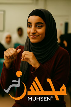 A young Muslim woman signs in ASL at a community event, embodying the spirit of inclusive Muslim philanthropy.