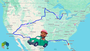 A composite digital image showing Muhi Khwaja, a bearded man wearing a floral cap and poncho, JibJab-style in a cartoon car driving across a detailed U.S. map. The map traces an 8,624-mile Dhul Hijjah road trip from Michigan to Florida via cities like Fargo, Denver, Los Angeles, and Houston.