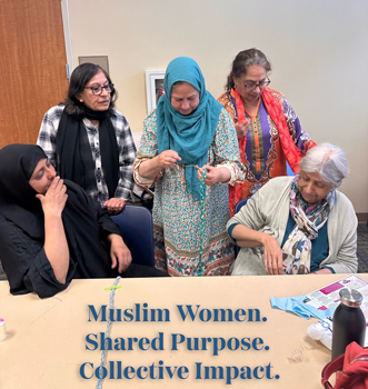 Muslim women gathered in a community wellness program hosted by Olive Community Services, highlighting collective giving and connection.