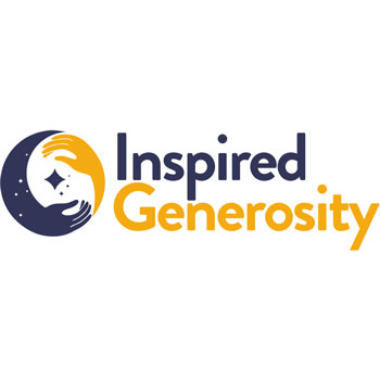 Inspired Generosity logo featuring a circular design with two hands in a giving gesture - one in navy blue and one in orange/yellow - with small stars around them, alongside the text 'Inspired Generosity' in navy blue and orange lettering.