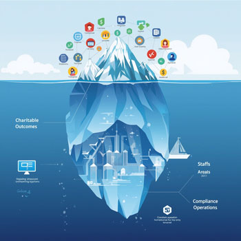 Iceberg infographic showing Muslim philanthropy infrastructure with visible charitable outcomes above water and massive operational systems below, including compliance operations, staff expertise, and technology platforms that move $25 million in charitable funding