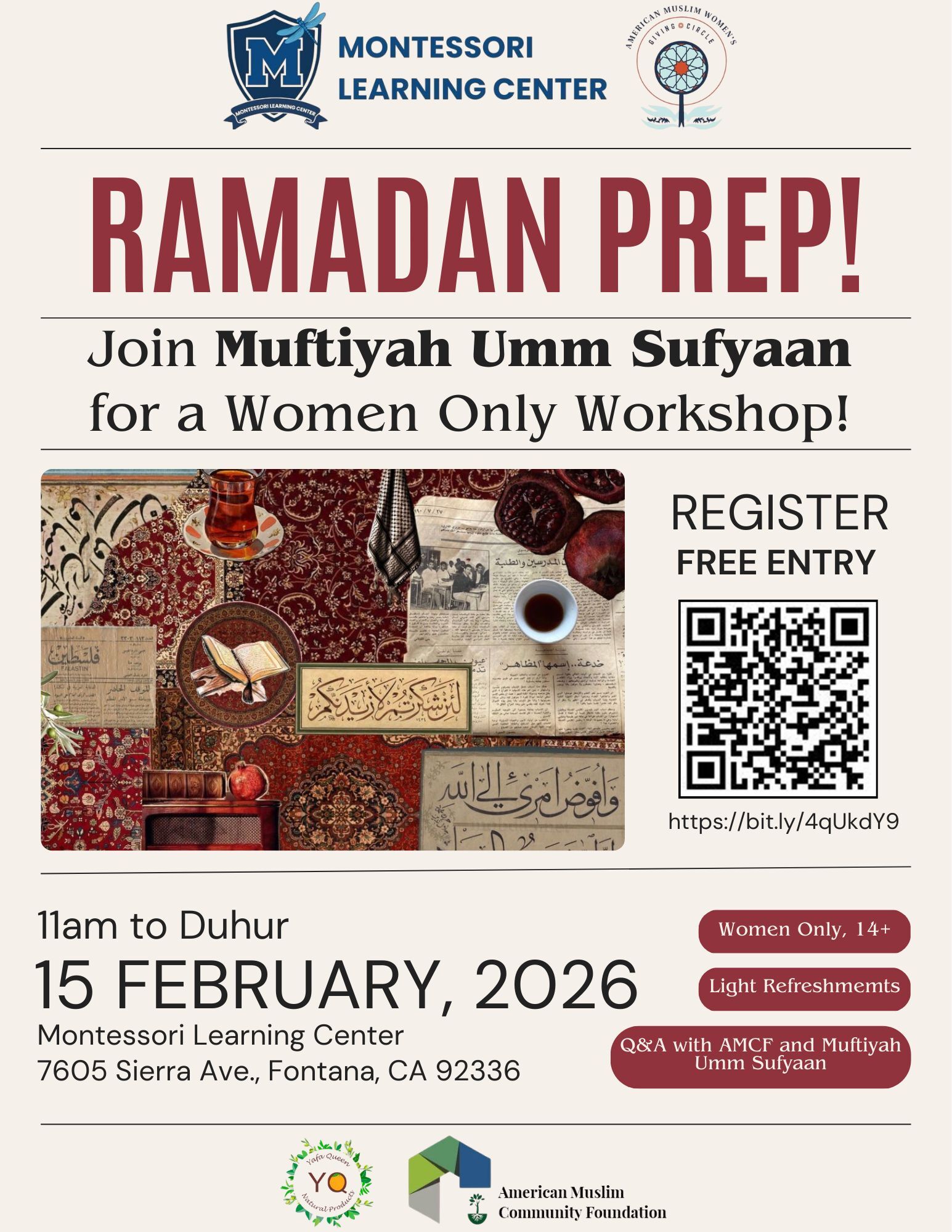 Women's Ramadan Prep Workshop with Muftiyah Umm Sufyaan - February 15, 2026 at Montessori Learning Center