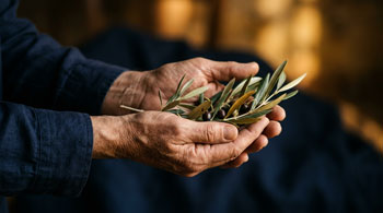 A pair of hands gently holding an olive branch against a soft warm light background, dark navy and gold palette, no human faces, no flags, contemplative editorial style, photorealistic